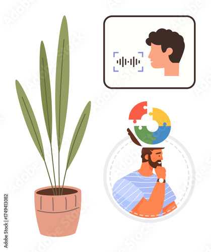 Man thinking with puzzle brain illustration, voice recognition interface, tall potted plant. Ideal for communication, innovation, technology, decision-making, AI, mindfulness and creative thinking