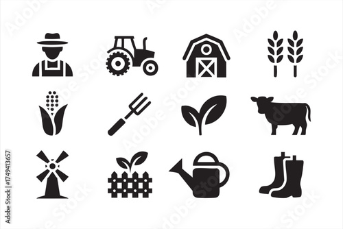 Agricultural icon collection featuring crops, livestock, and tools for eco marketing