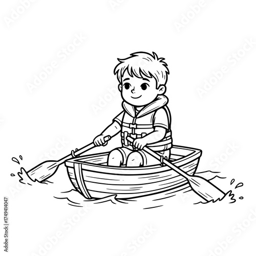 Boy rowing boat lake outline illustration
 