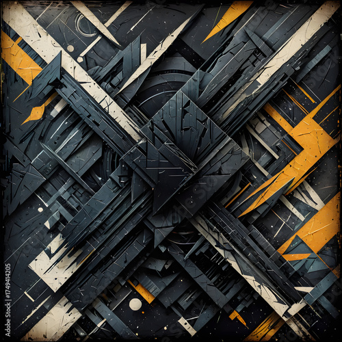 Futuristic Abstract Geometric Composition with Dark Metallic Shapes and Orange Accents
