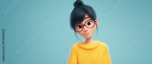 Cute 3D Asian Girl with Glasses in Yellow Sweater on contrast Background