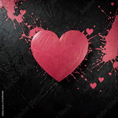 Pink Heart with Paint Splatter on Dark Textured Background Symbolizing Love and Passion
