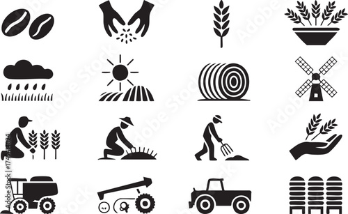 Harvest, growth, and fieldwork icons for green business and sustainability branding