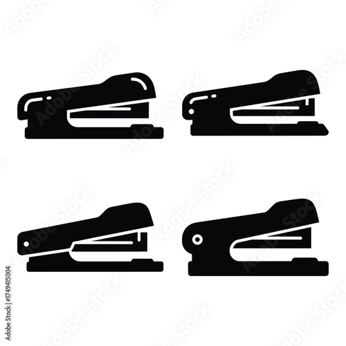 Four distinct stapler silhouettes ready for office supplies and business documentation projects silhouette