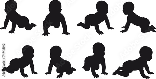 Crawling baby silhouette set, infant movement, black figures, developmental posture, side and front view, parenting concept, white background, motion study
