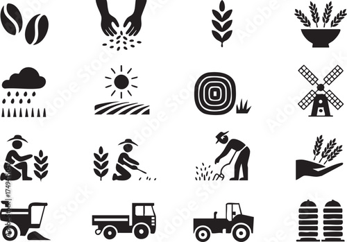 Farming and agriculture icons set for harvest, eco food, and organic industry design