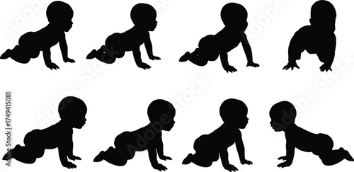 Crawling baby silhouette collection, infant motion, developmental stages, black figures, side profile, child growth, parenting concept, white background, movement study