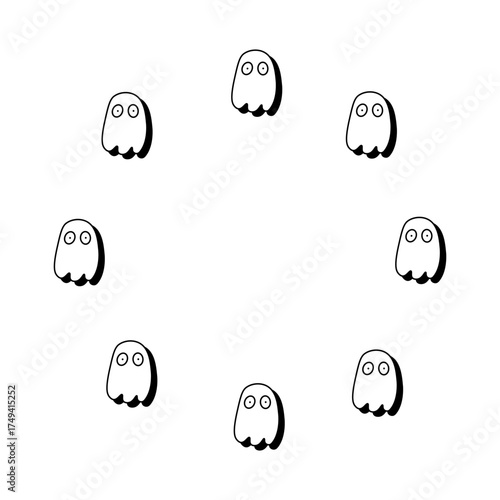 Round ghost frame. Funny ghost with big round eyes. Halloween celebration, All Saints Day. Flat vector design.