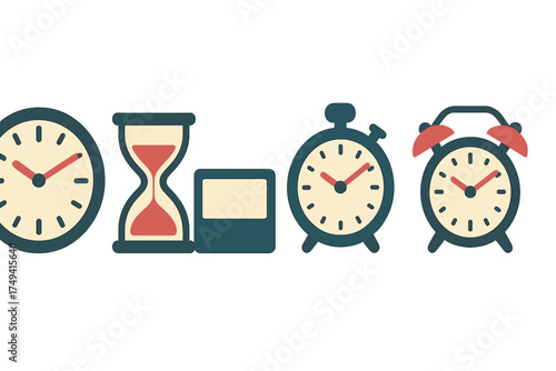 Collection of time measurement tools including wall clock, sand timer, and various alarm clocks