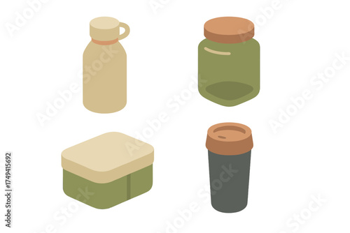 Isometric set of reusable containers for food and drink: bottle, jar, lunch box, and travel mug