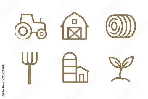 Collection of farm equipment and structures icons including tractor barn silo and hay bale