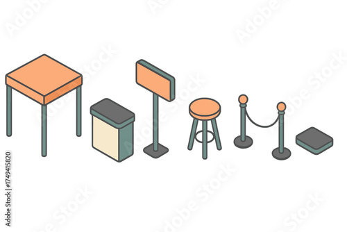 Isometric exhibition and event furniture including table, counter, stool, sign, and queue barriers