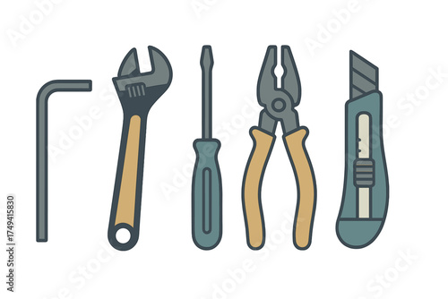 Essential repair and construction hand tools including wrench screwdriver pliers and utility knife set