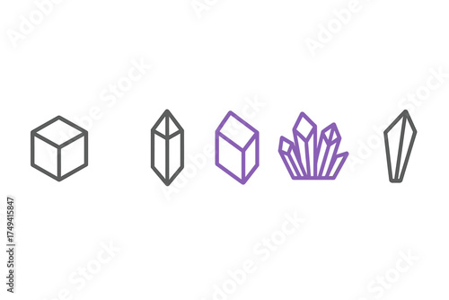 Minimalist line art depicting various geometric shapes and natural crystal formations in gray and purple colors