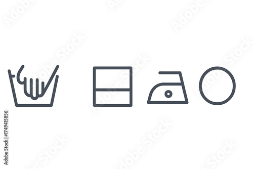 Essential laundry care symbols showing hand wash, flat drying, low heat iron, and dry cleaning instructions