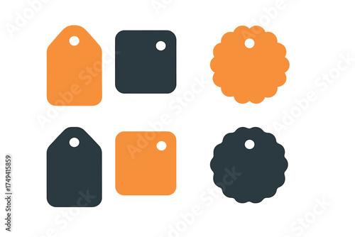 Six blank retail tags and labels in assorted shapes and colors for pricing and sales promotion