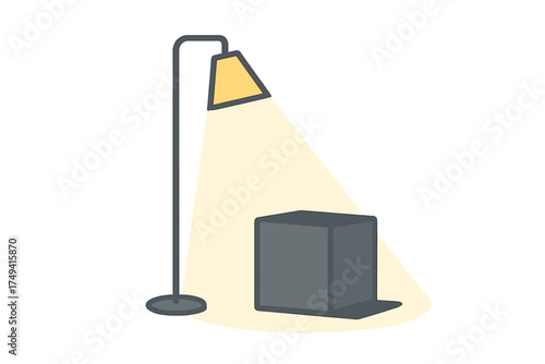Minimalist floor lamp illuminating a dark cubic object with a strong beam of light