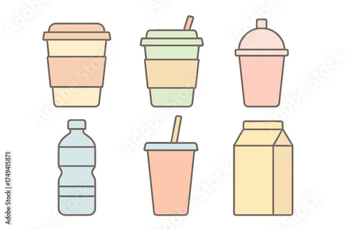 Six pastel beverage containers including coffee cups, water bottle, and milk carton