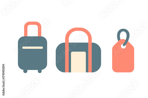 Travel luggage items including rolling suitcase, duffel bag, and identification tag for vacation or business trip