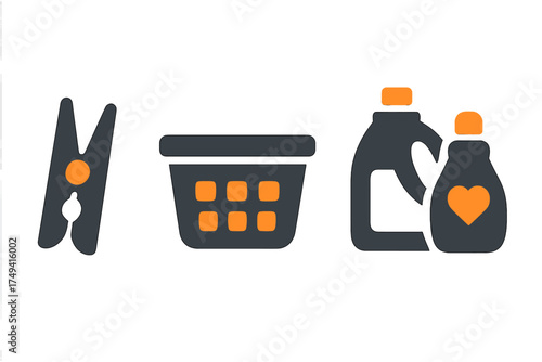 Household items for washing and cleaning clothes, including detergent, fabric softener, basket, and clothespin