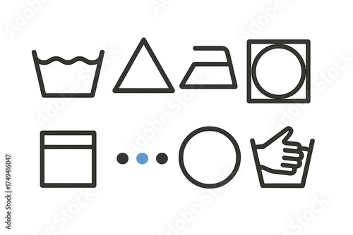 Universal garment care symbols set showing washing, bleaching, drying, and ironing instructions