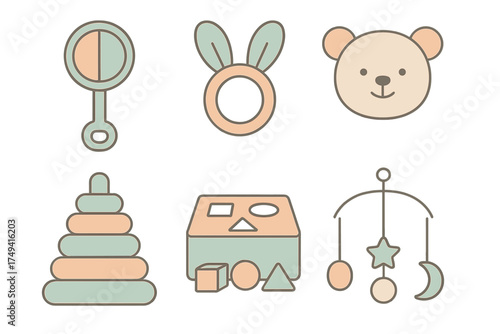 Cute newborn baby toys set including rattle, teddy bear, stacking rings, shape sorter, and crib mobile
