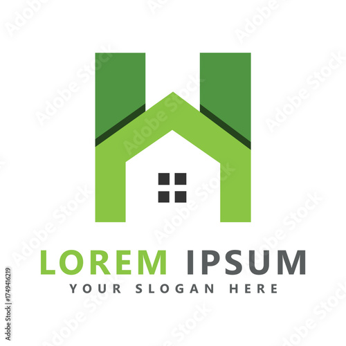 House Logo with Green Roof and Window – Modern Symbol for Real Estate, Construction, or Home Improvement Branding
