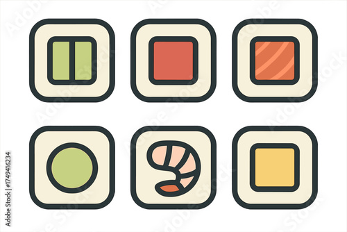 Set of six stylized Japanese sushi and maki rolls icons with thick outlines