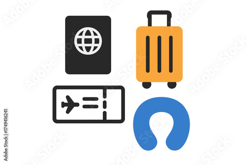 Essential items for international air travel including passport, boarding pass, luggage, and neck pillow
