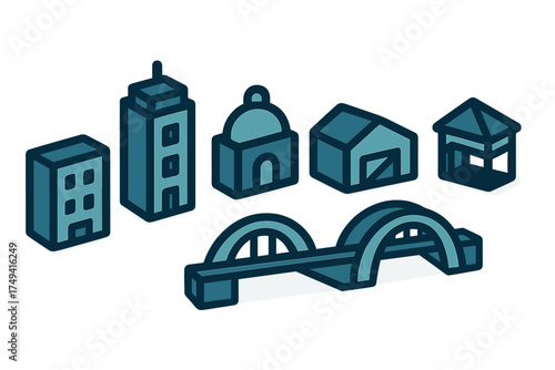 Isometric collection of various city buildings, architectural structures, and a modern bridge