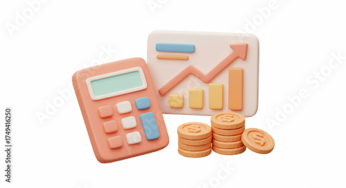 Vibrant 3D Rendered Financial Accounting Concept Illustrating Business Growth, Investment Planning, and Budget Management with Calculator, Rising Graph, and Golden Coin Stacks