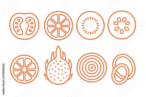 Outline drawings of sliced fruits and vegetables: tomato, citrus, kiwi, cucumber, dragon fruit, and onion