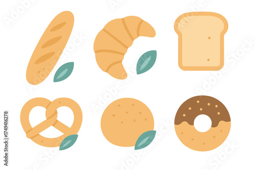 Collection of baked goods icons including baguette, croissant, pretzel, and donut