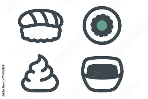 Minimalist set of Japanese food symbols sushi nigiri maki roll wasabi and soy sauce bowl