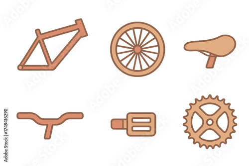 Essential bicycle components set including frame, wheel, saddle, handlebar, pedal, and sprocket