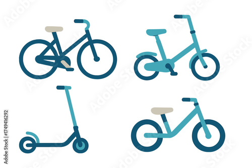 Set of various bicycles and a kick scooter used for outdoor recreation and urban commuting