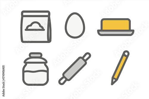 Simple graphic icons representing essential baking ingredients and kitchen tools