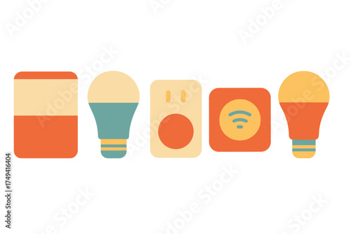 Set of modern smart home technology devices including light bulbs, speaker, power outlet, and control panel