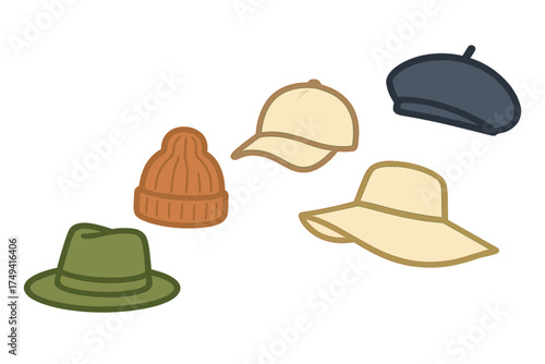 Fashionable headwear assortment including beanie, baseball cap, beret, sun hat, and fedora