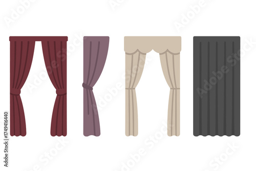Set of decorative window curtains and drapes in various styles for interior design