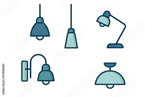 Set of interior lighting fixtures including ceiling pendants, wall sconce, and desk lamp design