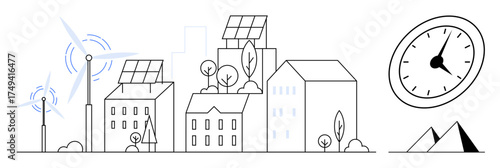 Urban landscape with wind turbines, solar-powered buildings, and greenery. Clock and mountains signify progress, time, and nature. Ideal for sustainability, renewable energy, green lifestyle urban
