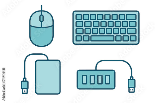 Essential computer hardware accessories set featuring mouse, keyboard, external drive, and USB hub symbols