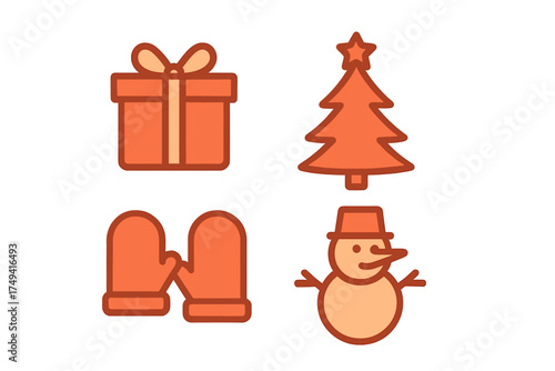 Festive winter holiday symbols including gift box Christmas tree mittens and snowman