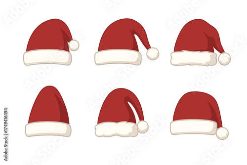 Six classic red and white Santa Claus hats for Christmas holiday celebration