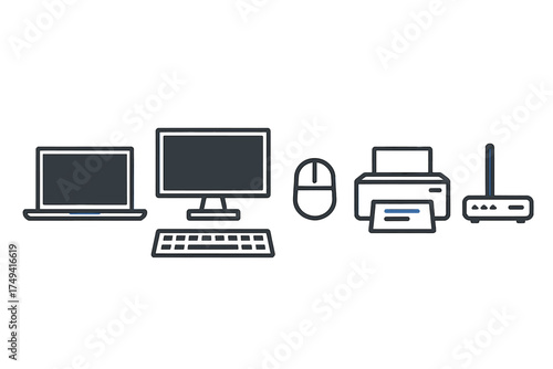 Essential computer hardware and networking devices set: laptop, desktop, monitor, keyboard, mouse, printer, router