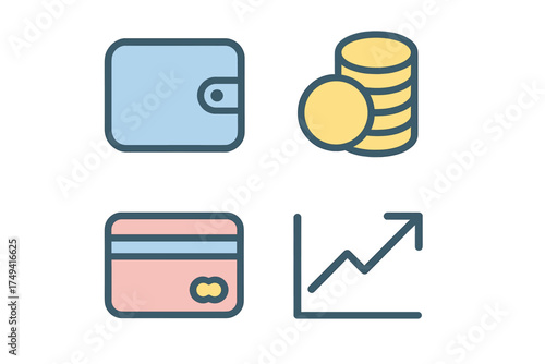 Financial icons collection showing wallet, stacked coins, credit card, and upward trending line graph
