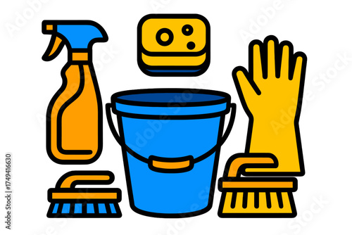 Essential household cleaning supplies set: bucket, spray bottle, sponge, rubber glove, and brushes