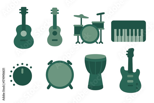 Assortment of musical instruments featuring acoustic and electric guitars, drum kit, keyboard, and percussion