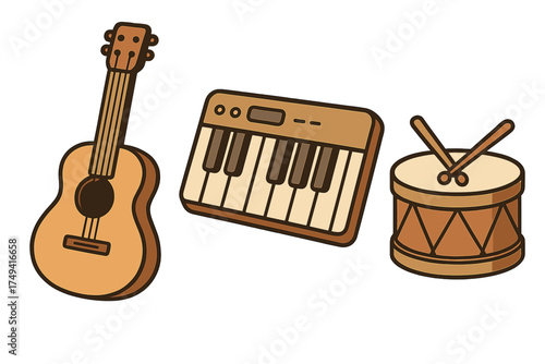 Acoustic guitar keyboard synthesizer and drum set collection of musical instruments